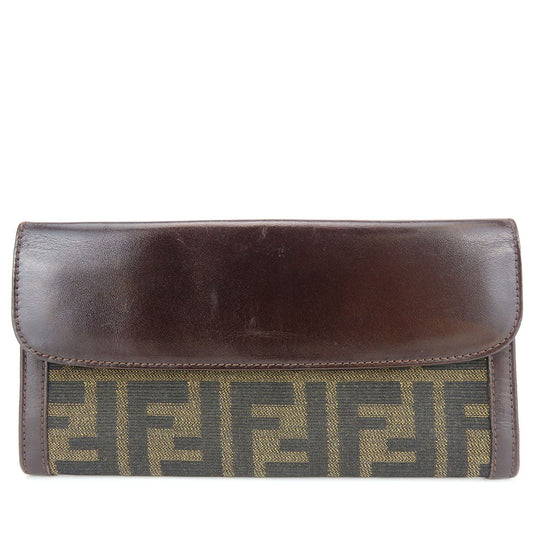 FENDI Long Wallet Purse Canvas, Leather Brown Zucca Women Used Authentic