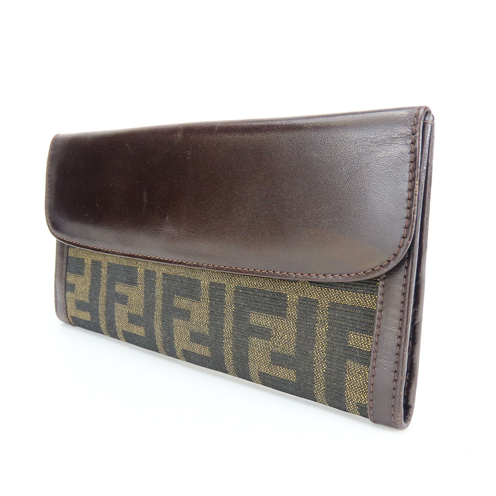 FENDI Long Wallet Purse Canvas, Leather Brown Zucca Women Used Authentic