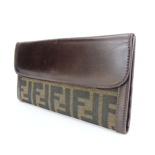 FENDI Long Wallet Purse Canvas, Leather Brown Zucca Women Used Authentic