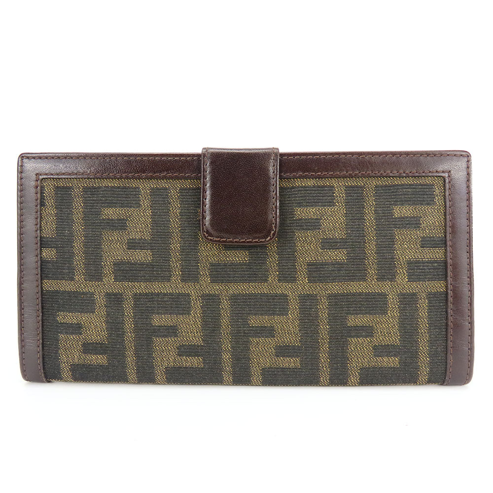 FENDI Long Wallet Purse Canvas, Leather Brown Zucca Women Used Authentic