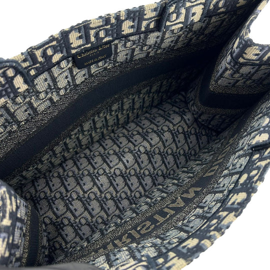 Christian Dior Tote Bag canvas Navy Oblique Embroidered Book Tote Medium Women Used Authentic