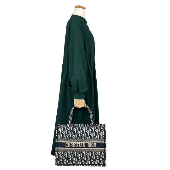 Christian Dior Tote Bag canvas Navy Oblique Embroidered Book Tote Medium Women Used Authentic