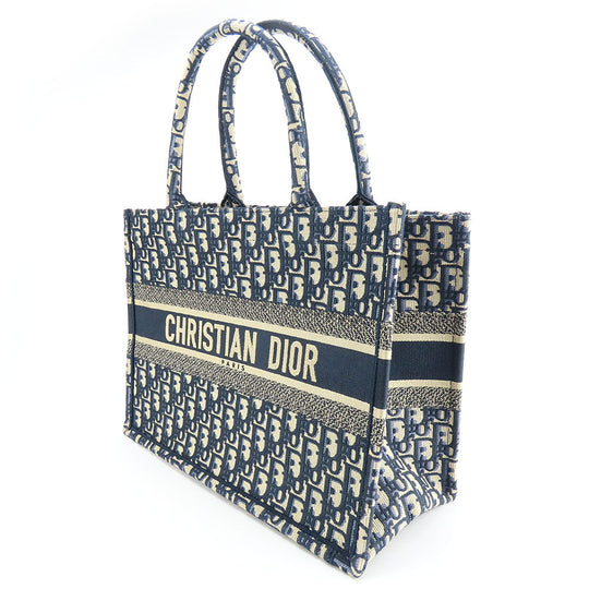 Christian Dior Tote Bag canvas Navy Oblique Embroidered Book Tote Medium Women Used Authentic