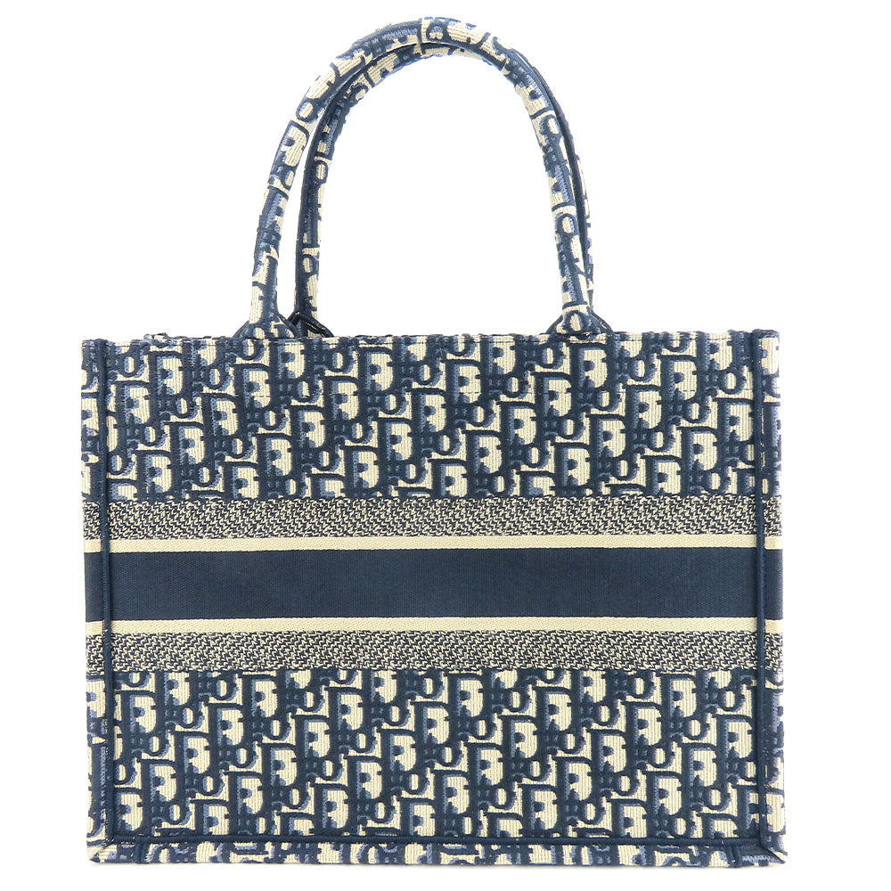 Christian Dior Tote Bag canvas Navy Oblique Embroidered Book Tote Medium Women Used Authentic
