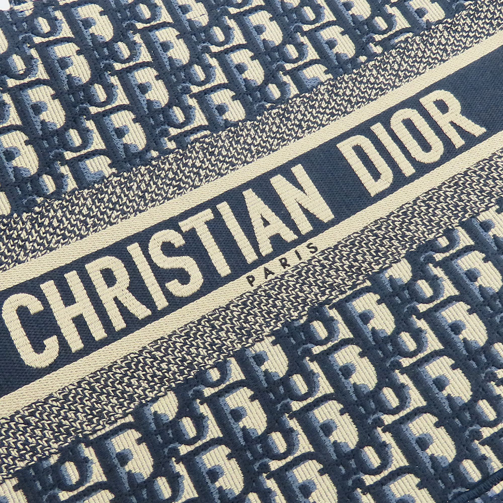 Christian Dior Tote Bag canvas Navy Oblique Embroidered Book Tote Medium Women Used Authentic