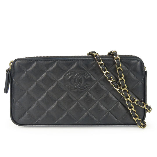 CHANEL Shoulder Bag lambskin black Chain wallet Women Used Authentic
