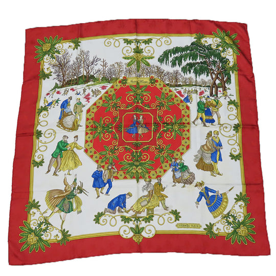 HERMES scarf silk Red Joies d'Hiver Carre90 Women Used Authentic