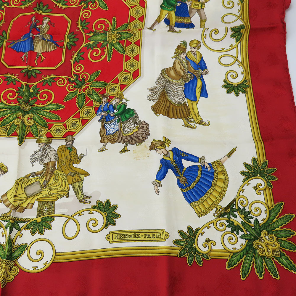 HERMES scarf silk Red Joies d'Hiver Carre90 Women Used Authentic