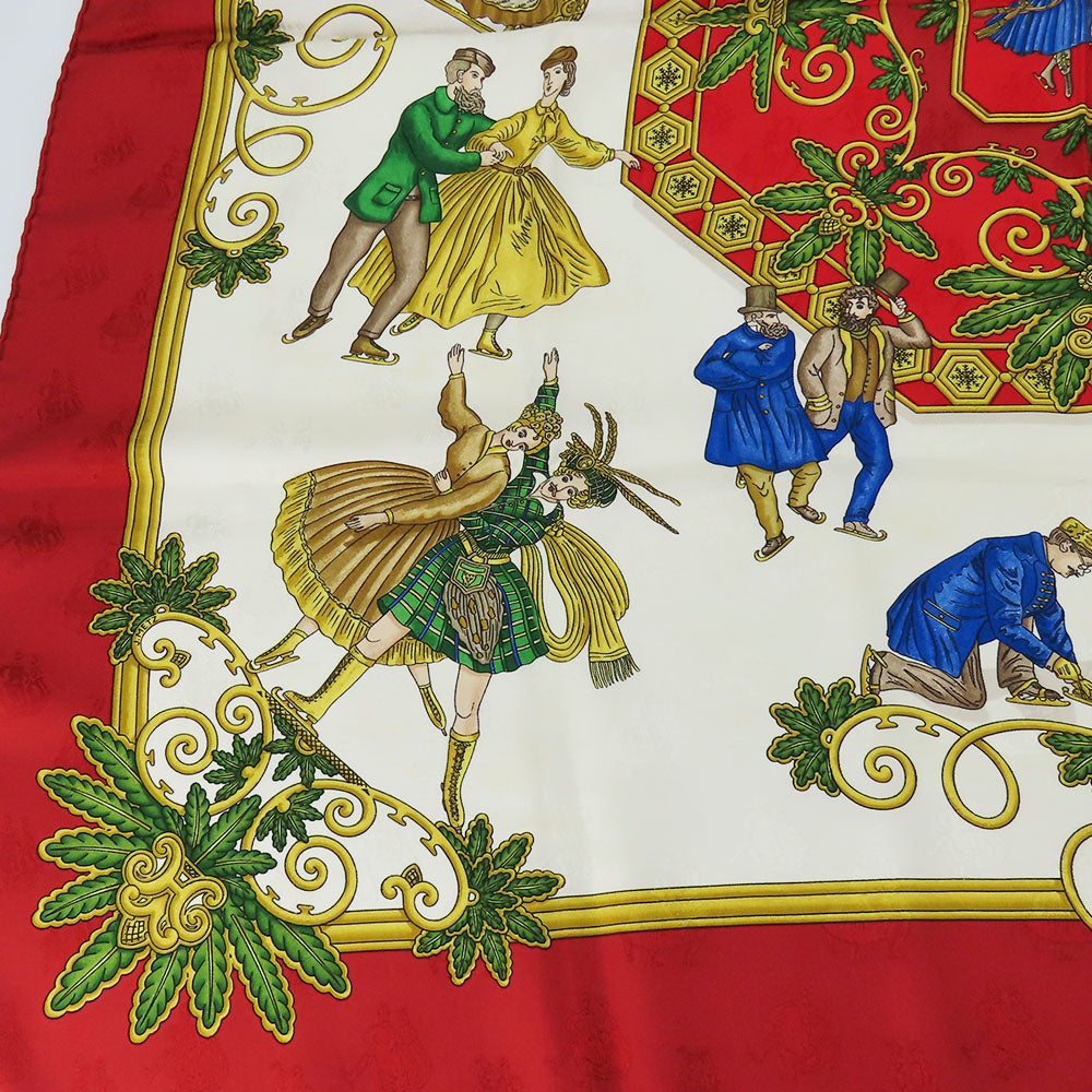 HERMES scarf silk Red Joies d'Hiver Carre90 Women Used Authentic