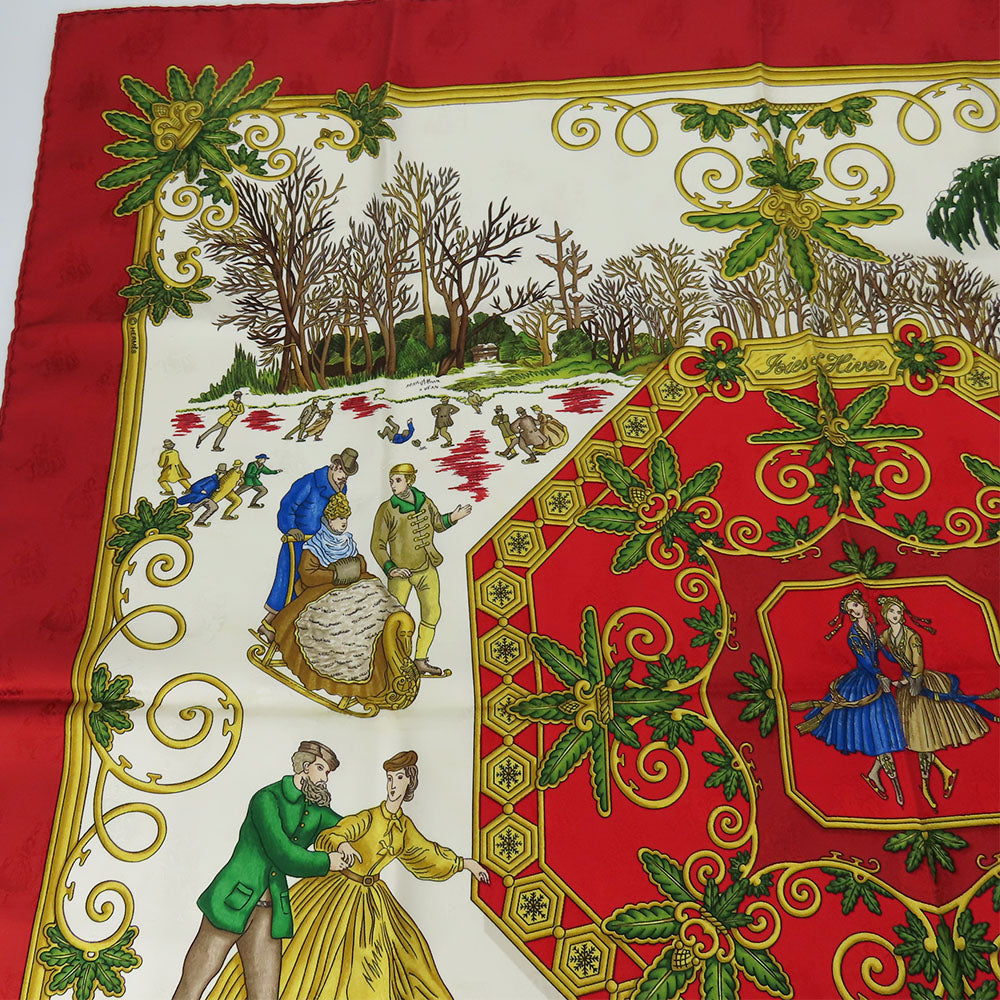 HERMES scarf silk Red Joies d'Hiver Carre90 Women Used Authentic
