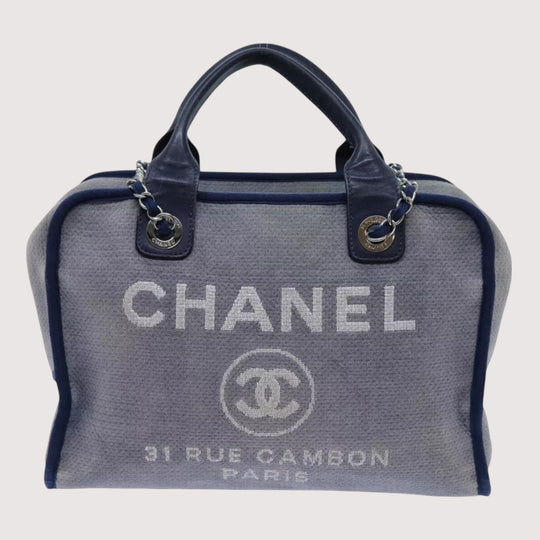 Chanel Deauville Shoulder Bag Canvas Navy Blue Women Handbag Chain Strap