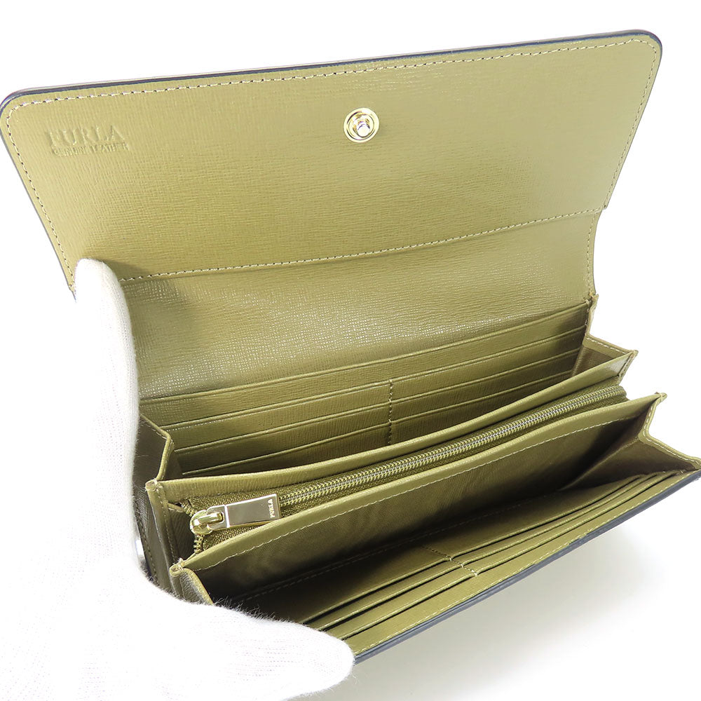 Furla Long Wallet Purse leather khaki Women Used Authentic
