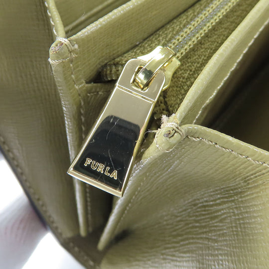 Furla Long Wallet Purse leather khaki Women Used Authentic