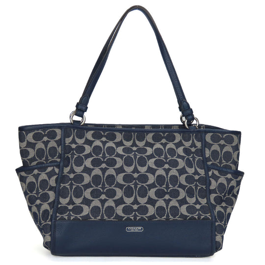 COACH Tote Bag F32622 Canvas, Leather Navy Signature Women Used Authentic