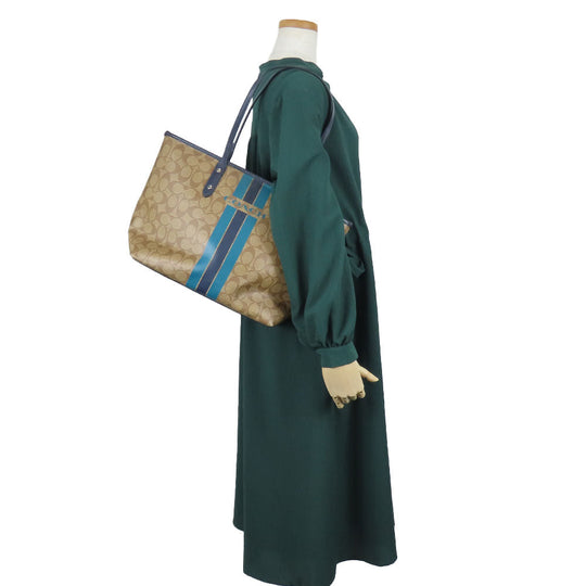 COACH Tote Bag F38405 Leather, PVC coated canvas Brown Varsity Stripes Women Used Authentic