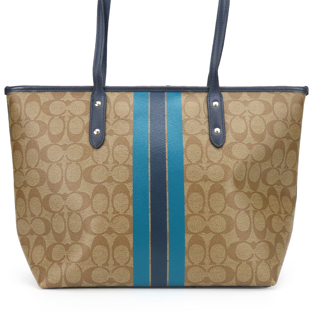 COACH Tote Bag F38405 Leather, PVC coated canvas Brown Varsity Stripes Women Used Authentic