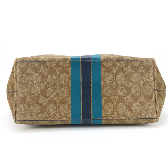 COACH Tote Bag F38405 Leather, PVC coated canvas Brown Varsity Stripes Women Used Authentic