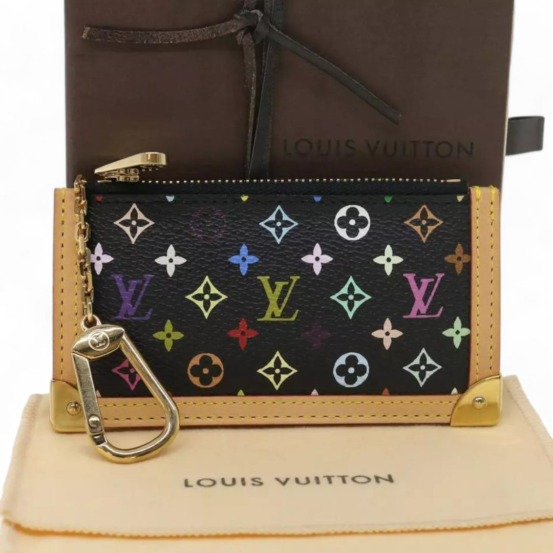 Louis Vuitton Monogram Pochette Cles Coin Purse Black Multicolor Womens Chain Key Holder Clutch Wristlet