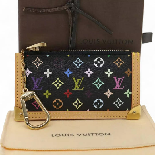 Louis Vuitton Monogram Pochette Cles Coin Purse Black Multicolor Womens Chain Key Holder Clutch Wristlet