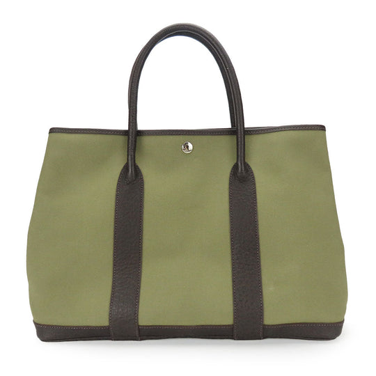 HERMES Tote Bag Canvas, Leather Khaki green Garden party PM unisex(Unisex) Used Authentic