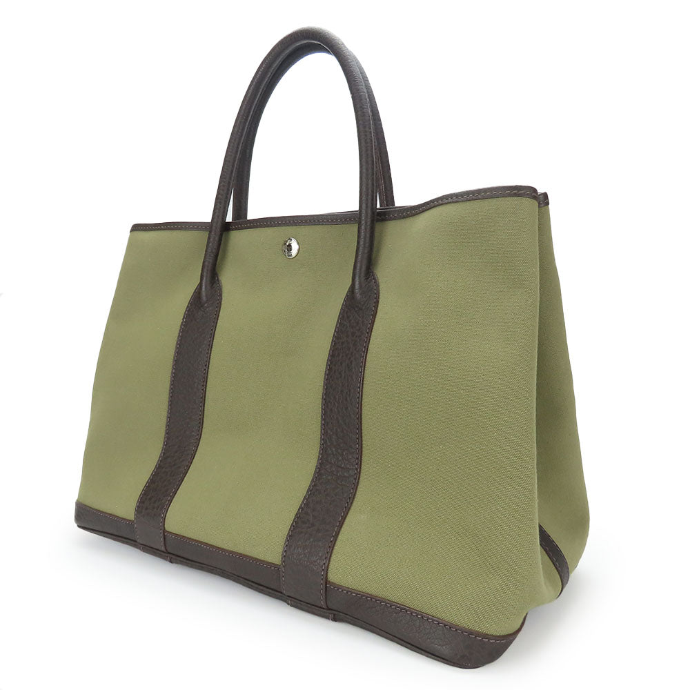 HERMES Tote Bag Canvas, Leather Khaki green Garden party PM unisex(Unisex) Used Authentic