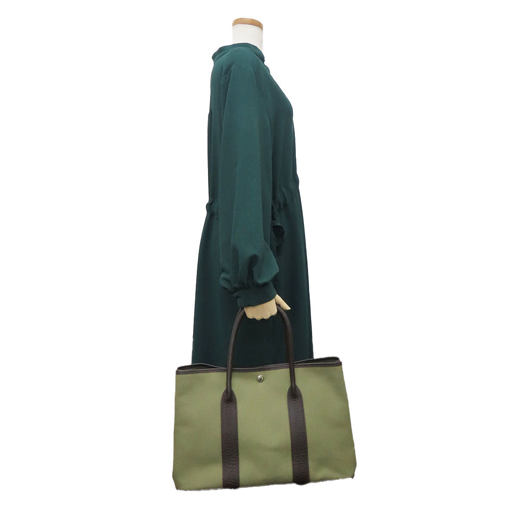 HERMES Tote Bag Canvas, Leather Khaki green Garden party PM unisex(Unisex) Used Authentic