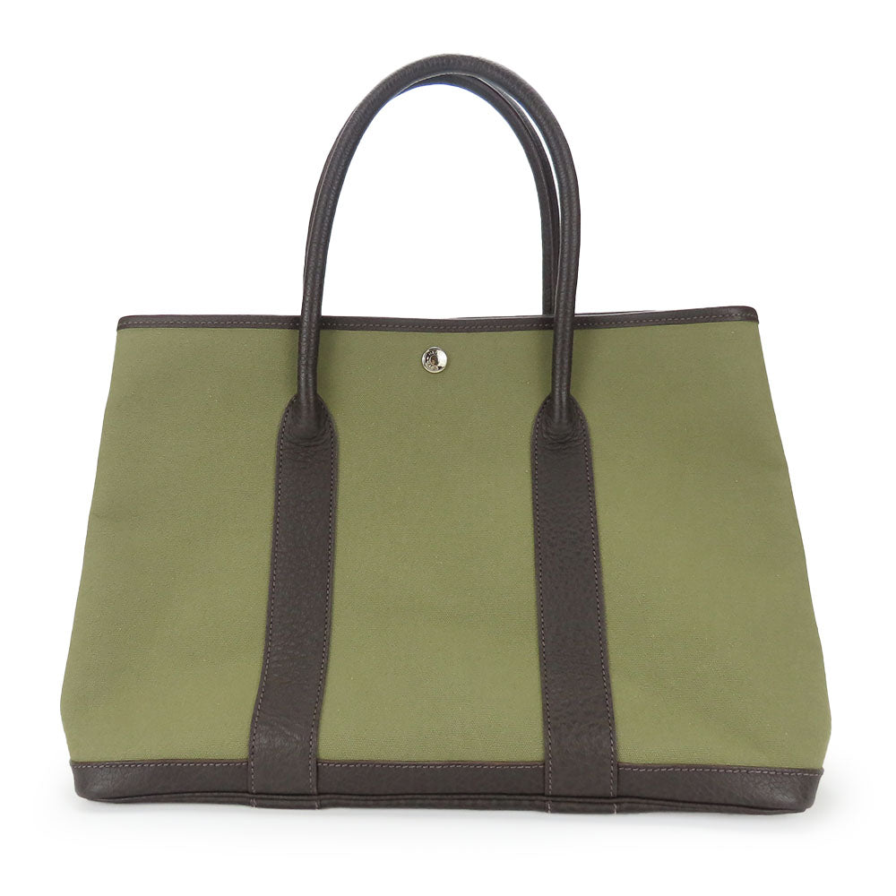 HERMES Tote Bag Canvas, Leather Khaki green Garden party PM unisex(Unisex) Used Authentic