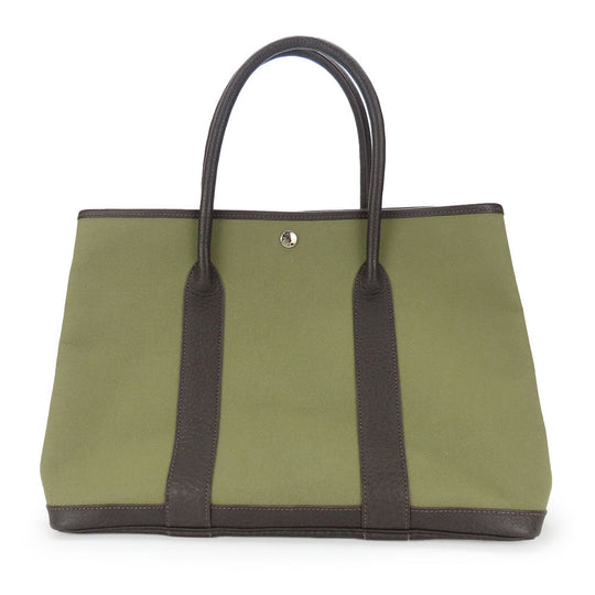 HERMES Tote Bag Canvas, Leather Khaki green Garden party PM unisex(Unisex) Used Authentic