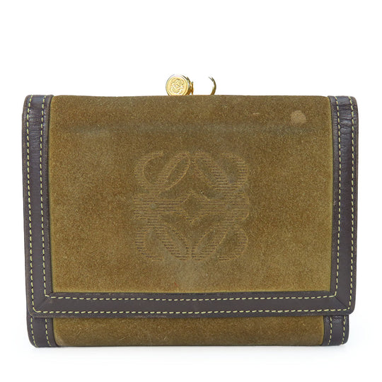 LOEWE Tri-fold wallet Suede, Leather khaki Women Used Authentic