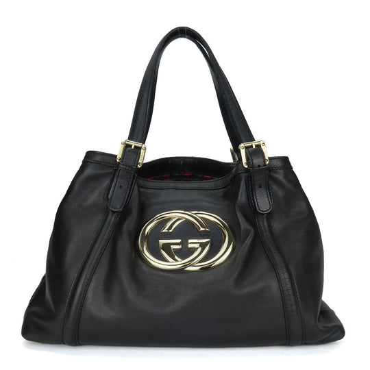 GUCCI Tote Bag 162094 leather black Newbrit Double G Women Used Authentic