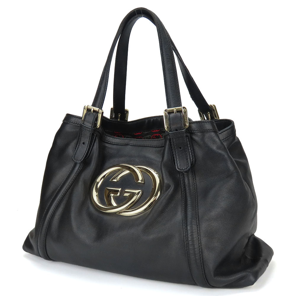 GUCCI Tote Bag 162094 leather black Newbrit Double G Women Used Authentic