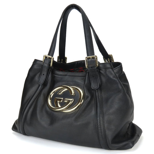 GUCCI Tote Bag 162094 leather black Newbrit Double G Women Used Authentic