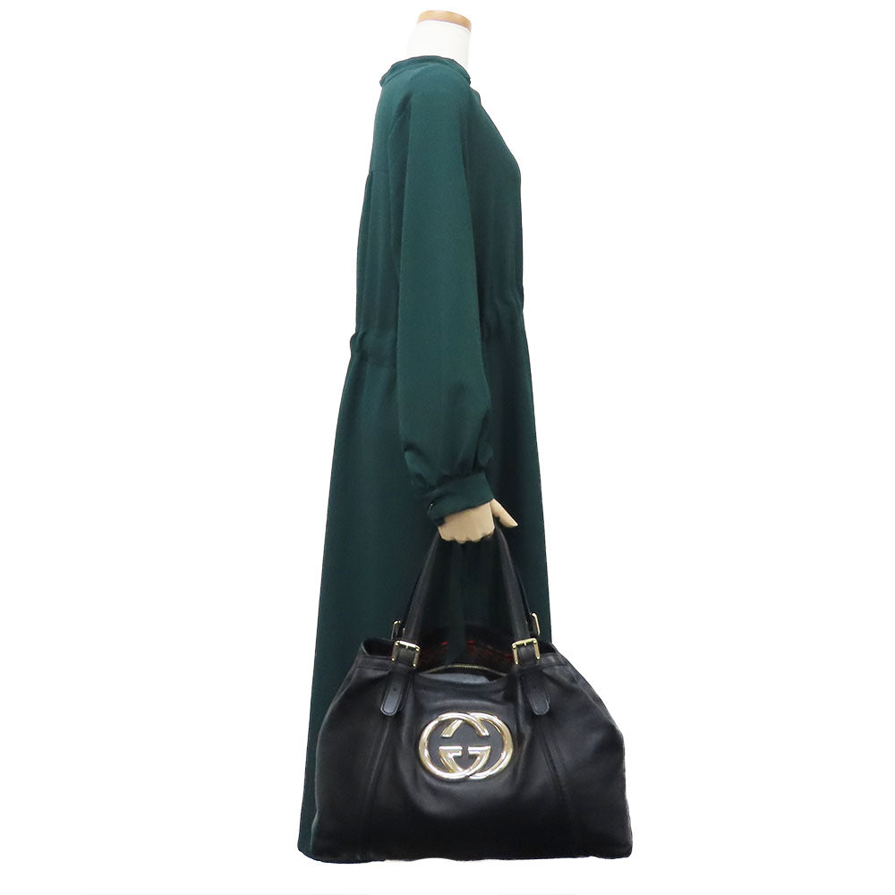 GUCCI Tote Bag 162094 leather black Newbrit Double G Women Used Authentic