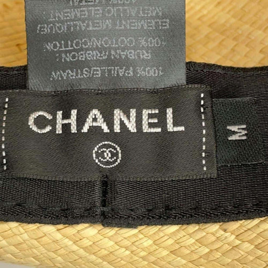 CHANEL CC Logo Ribbon Straw Beige Gray Hat New