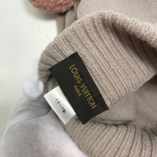LOUIS VUITTON Knit hat M75540 Wool, Nylon beige Monogram With pompoms Women Used Authentic