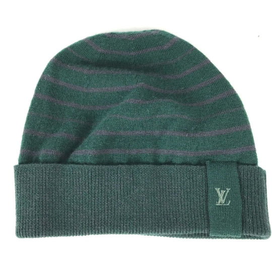 LOUIS VUITTON Knit hat Wool, Cashmere green LV logo border Women M Used Authentic
