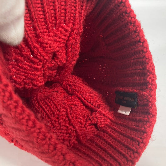 LOUIS VUITTON Knit hat wool Red With can badge Pone Constance Women Used Authentic