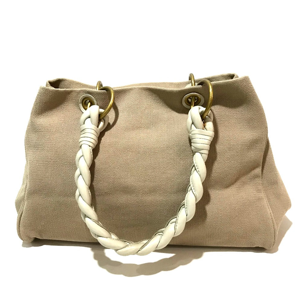 BOTTEGAVENETA Tote Bag 195976 Canvas / leather Beige x Ivory Shoulder Bag Braided handle Women Used Authentic