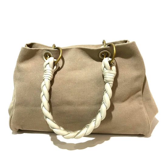 BOTTEGAVENETA Tote Bag 195976 Canvas / leather Beige x Ivory Shoulder Bag Braided handle Women Used Authentic