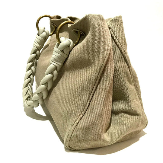 BOTTEGAVENETA Tote Bag 195976 Canvas / leather Beige x Ivory Shoulder Bag Braided handle Women Used Authentic
