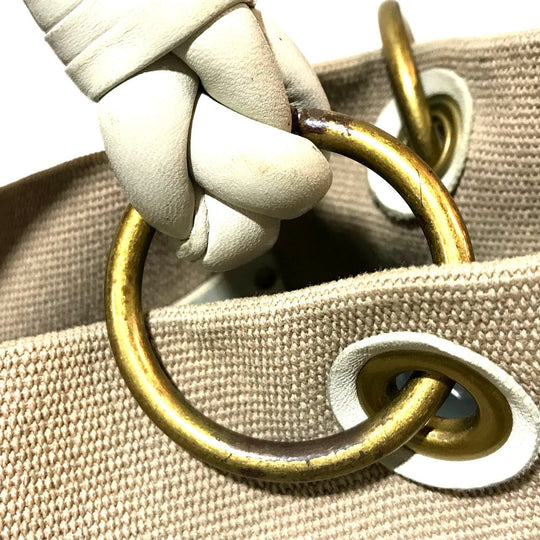 BOTTEGAVENETA Tote Bag 195976 Canvas / leather Beige x Ivory Shoulder Bag Braided handle Women Used Authentic