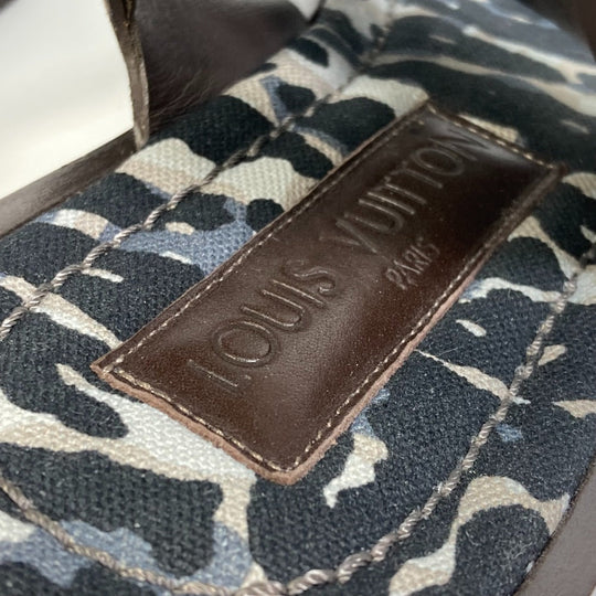 LOUIS VUITTON Sandals Suede , Suede/Canvas/Wood Brown Leopard Pattern Leopard Animal mens 8 Used Authentic