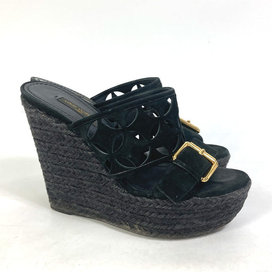 LOUIS VUITTON Sandals Model number unknown suede black Shoes heel Monogram flower Women 35 Used Authentic