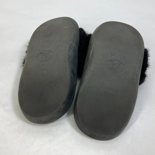 LOUIS VUITTON Sandals leather black shoes fur Women 37 Used Authentic