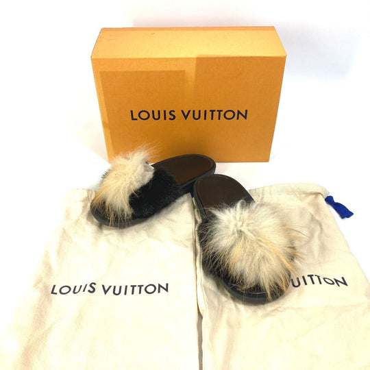 LOUIS VUITTON Sandals leather black shoes fur Women 37 Used Authentic