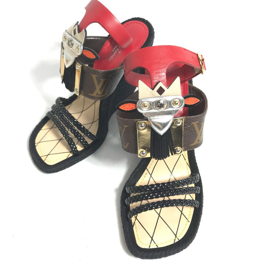 LOUIS VUITTON Sandals leather Red Tribal mask collection Wedge sole monogram Women 35 Used Authentic