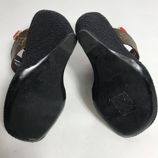 LOUIS VUITTON Sandals leather Red Tribal mask collection Wedge sole monogram Women 35 Used Authentic
