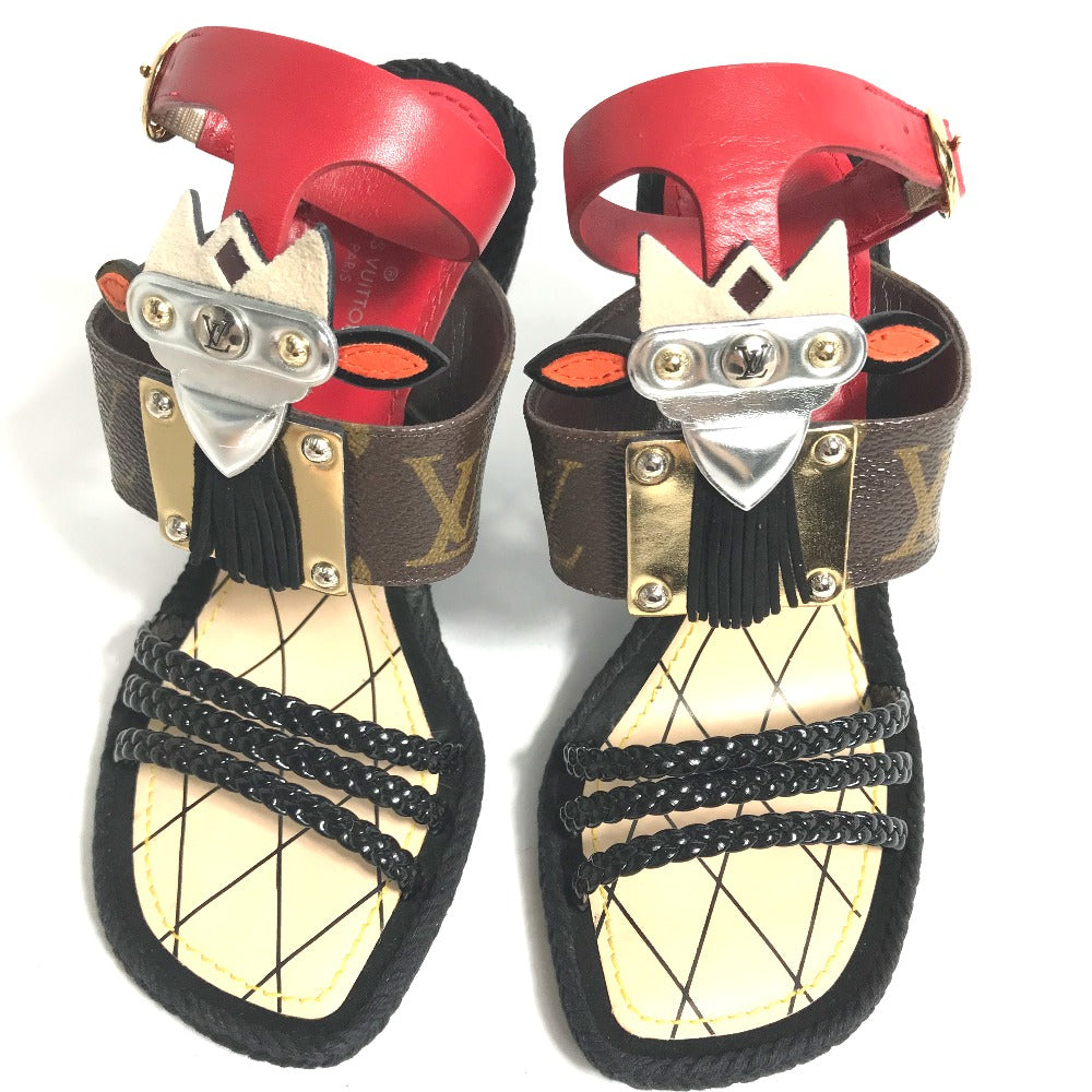 LOUIS VUITTON Sandals leather Red Tribal mask collection Wedge sole monogram Women 35 Used Authentic