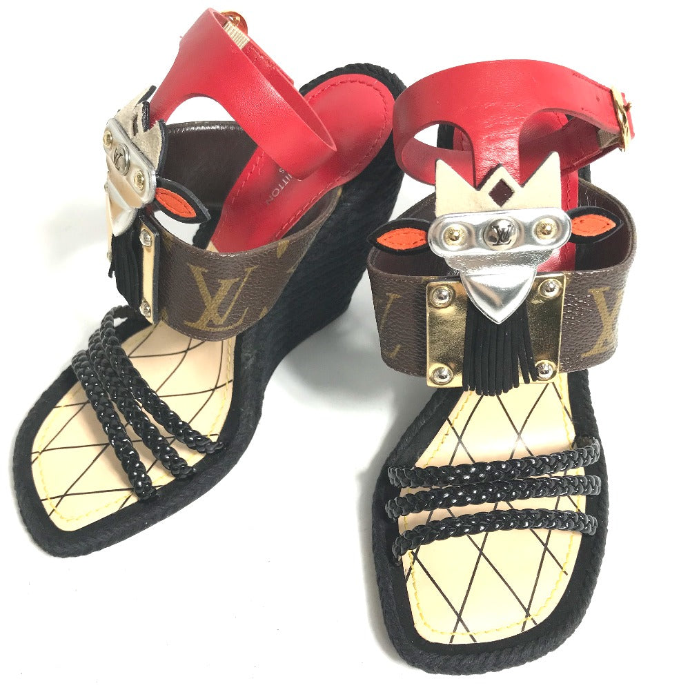 LOUIS VUITTON Sandals leather Red Tribal mask collection Wedge sole monogram Women 35 Used Authentic