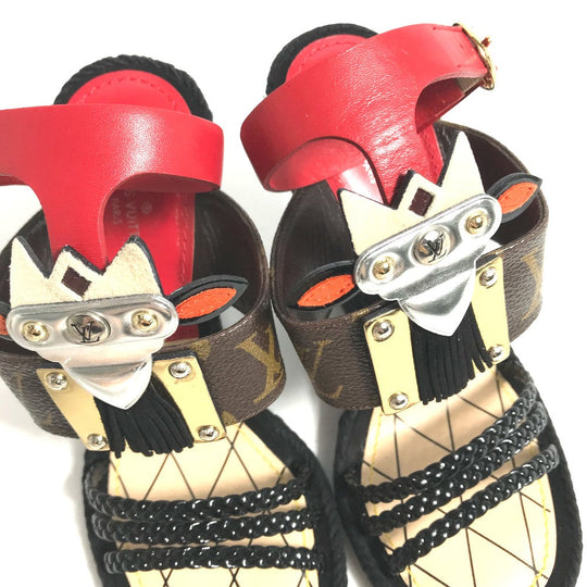 LOUIS VUITTON Sandals leather Red Tribal mask collection Wedge sole monogram Women 35 Used Authentic